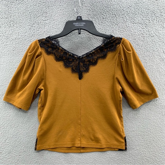 By Anthropologie Women Size S Mustard Lace Trim Top Blouse V-Neck Short Sleeve - Picture 9 of 11